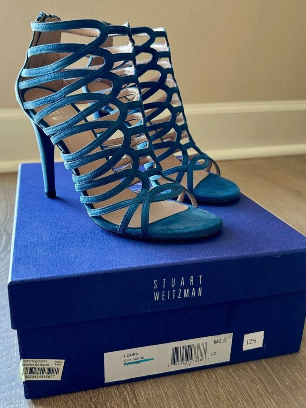 Stuart Weitzman Women’s Strappy Heels Loops Cage Sandal Suede Leather Blue